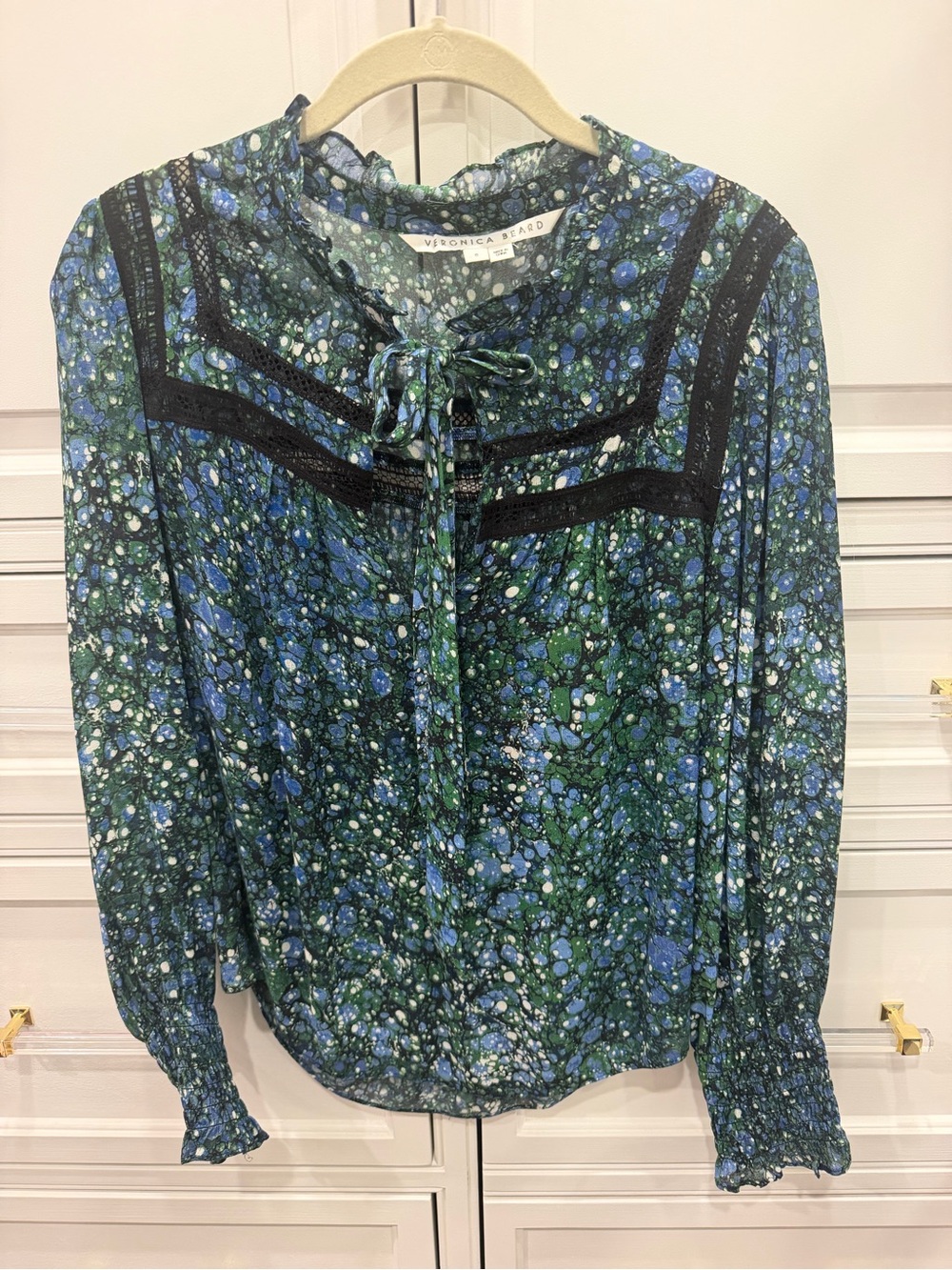 $350 Veronica Beard Womens Green Candita Marble-Print Blouse Top Size 6